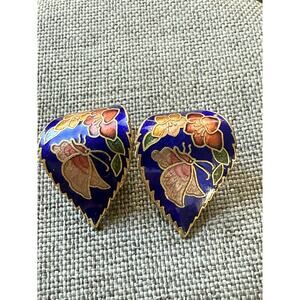 Cloisonne Butterfly Earrings Leaf Design Enamel Flower Clip On Gold Tone Vintage